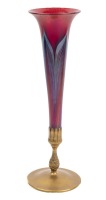 Tiffany Favrile Trumpet Vase on Gilt Bronze Stand with Pulled Feather Design in Green and Iridescent Gold.