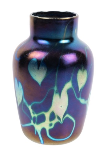 Steuben Glass "Aurene" Cobalt Blue Vase with Green, Gold and Lavender Vines