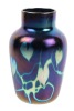 Steuben Glass "Aurene" Cobalt Blue Vase with Green, Gold and Lavender Vines