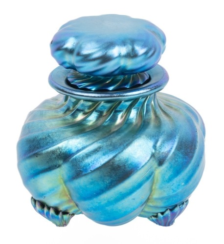 Steuben Glass, "Aurene" Cosmetic Jar, Stunning Blue Iridescence which Elevated Steuben to Being a Premier American Glass