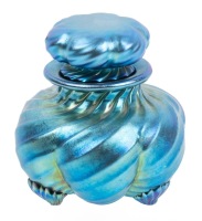 Steuben Glass, "Aurene" Cosmetic Jar, Stunning Blue Iridescence which Elevated Steuben to Being a Premier American Glass