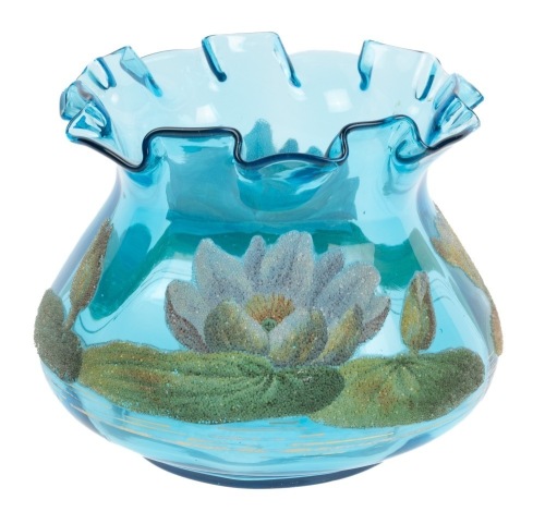 Coraline Bowl with Fluted Top in Blue Glass with Water Lily Designs Ca. 1890