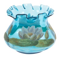 Coraline Bowl with Fluted Top in Blue Glass with Water Lily Designs Ca. 1890