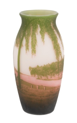 Arsall Scenic Pink and Green Cameo Glass Landscape Over Frosted Glass of an Orchard, Germany