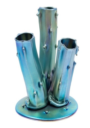 Steuben "Aurene" Three Prong Stump Vase in Iridescent Blue and Green.