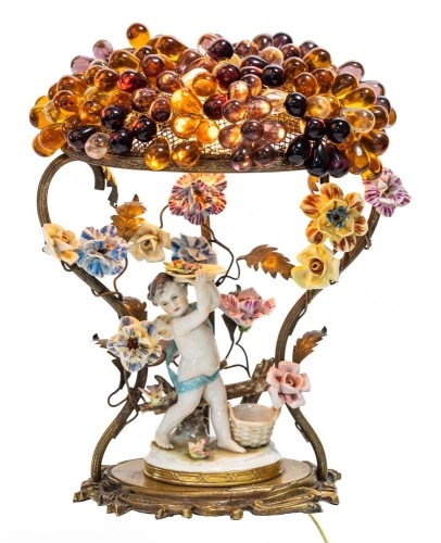 Capodimonte Porcelain Lamp with Scores of Glass Grapes Forming a Dazzling Pergola