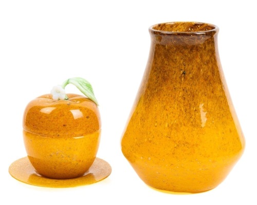 Steuben Glass and Monart Glass: Similar Blown Glass, the Marmalade Jar is by Steuben, the Tapered Vase is by Monart, Sco
