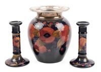 Antique Moorcroft Earthenware: Large Art Pottery Vase with Matching Candlesticks in the Peaches and Grapes Pattern. 1950