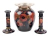 Antique Moorcroft Earthenware: Large Art Pottery Vase with Matching Candlesticks in the Peaches and Grapes Pattern. 1950
