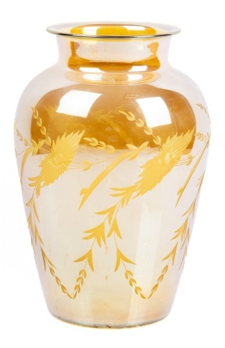 Victor Durand, American Glassmaker, Translucent Mirror Glass Vase with Etched Foliate Designs Completely Surrounding the