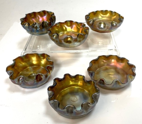 Tiffany Studios ca. 1910: Six (6) Tiffany Favrile Open Salt Cellars In Gold and Blue Iridescence