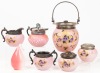 Six 19th Century Pieces some with Silverplate Handles and Lids with Beautiful Hand Painted Enamel Foliate Designs