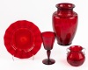 Steuben Selenium Red Collection from the Carder Years. Vase, Goblet, Plate and Squat Bowl, Pristine Condition All