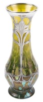 Johann Loetz Witwe Fine Silver Overlay over Feather pulled and Oil Spot Vase, Bohemian Glassworks Company Loetz.