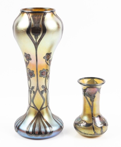 Johann Loetz Witwe: Fine Silver Overlay Over Two Iridescent Gold Vases, Bohemian Glassworks Company, Loetz.