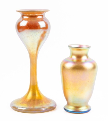 Quezal and Kew Blas, Gold Iridescent Art Glass: Small, Urn Shaped Vase and Tall Stemmed Vase. Both Quite Fine
