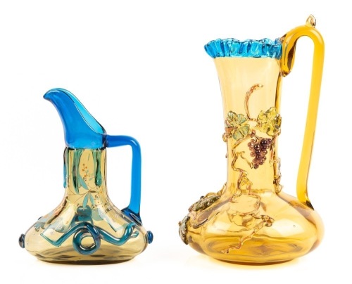 Harrach Bohemian Glass: Two Very Festive Pitchers in Amber Glass and Heavily Decorated, Victorian Era