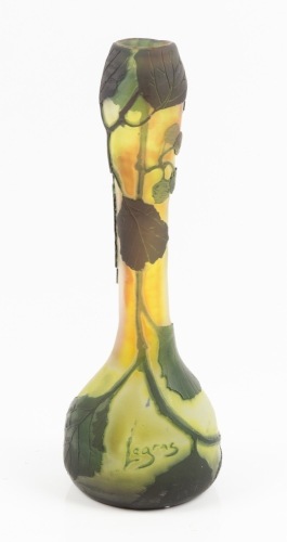 Legras Wheel Cut Cameo Glass Bud Vase Signed.