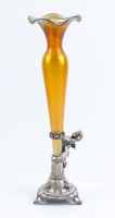 Quezal Gold Iridescent Trumpet Vase with Silver Cherub Stand