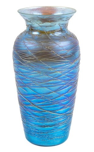 Steuben Blue "Aurene" Glass Vase with Hints of Gold Iridescence and Surrounded by Applied Gold Threading