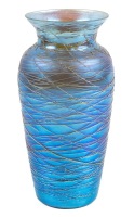 Steuben Blue "Aurene" Glass Vase with Hints of Gold Iridescence and Surrounded by Applied Gold Threading