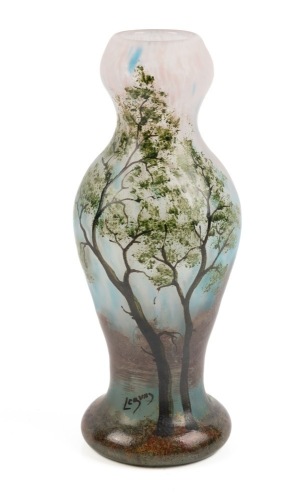 Le Gras Hand Painted Scenic Vase, Very Well Done Over Pink and Blue Splattered Glass