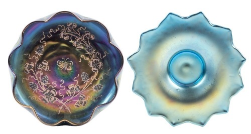 Loetz, Two Blue Iridescent Shallow Bowls with One Dish Also having Oil Spot Glass on the Verso