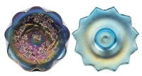 Loetz, Two Blue Iridescent Shallow Bowls with One Dish Also having Oil Spot Glass on the Verso
