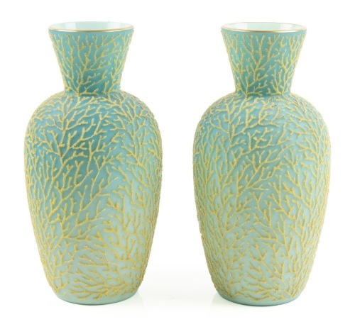 Mt. Washington Pair of Seafoam Green Uranium Glass Vases Spectacularly Decorated with Coralene Glass Beads.