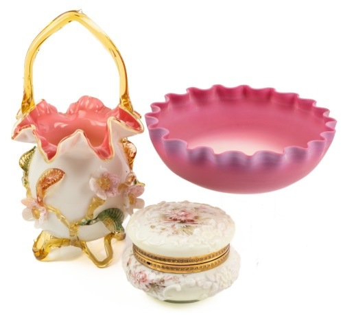 Three Victorian Glass Pieces, Last Quarter of 19th Century. New England Peach Blow, English Peach Blow and Wave Crest Li