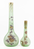 Th&Atilde;&copy;odore Legras Mont Joye Vases both in Lime Green Acid Etched Glass with Enameled Foliate Designs that are Beautiful an