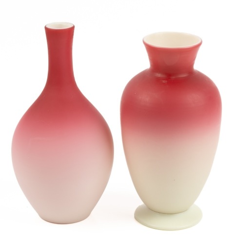 Harrach Peach Blow Satin Cased Uranium Glass Vases