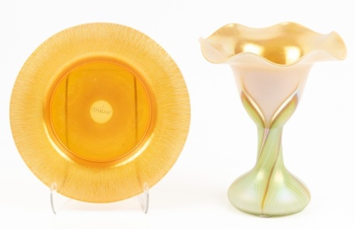 Quezall Glass Pieces, Iridescent Green and Gold Pulled Feather Vase and a Spectacular Fiery Orange Iridescent Plate