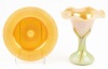 Quezall Glass Pieces, Iridescent Green and Gold Pulled Feather Vase and a Spectacular Fiery Orange Iridescent Plate