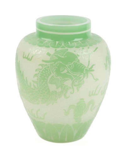 Steuben Jade Green Acid Cut Back of Dragon Over Opaline Glass . A Very Popular Vase from Steuben ca. 1920