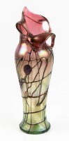 Pallme Konig, Bohemian Green & Cranberry Vase with Heavy Threading and a Strikingly Designed Mouth