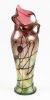 Pallme Konig, Bohemian Green & Cranberry Vase with Heavy Threading and a Strikingly Designed Mouth