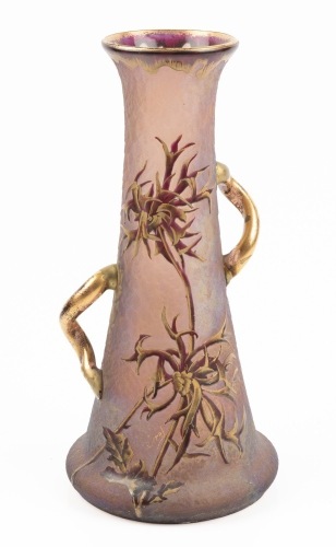 Legras Mont Joye Kate 19th Century Vase with Two Handles, Acid Etched and Enameled Chrysanthemum Vase