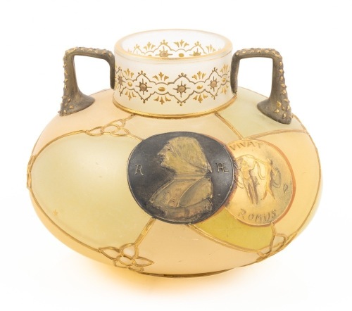Royal Flemish Mt. Washington Two-Handled Vase with Roman Coin Medallions in Gilt Gold Enamel. An Outstanding Piece