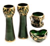 Legras et Cie Mont Joye. Four (4) Pieces of Emerald Green Aventurine Glass and Gilt Gold Mistletoe Pattermed Vases and B