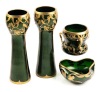 Legras et Cie Mont Joye. Four (4) Pieces of Emerald Green Aventurine Glass and Gilt Gold Mistletoe Pattermed Vases and B