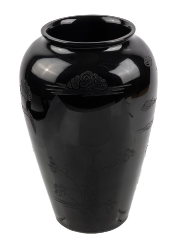 Steuben Glass: Understated Elegance in this Black on Black Acid Etched Japanese Patterned Vase