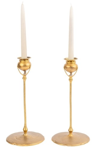 Tiffany Studios Pair of Matching Cauldron Styled Bronze Candlesticks