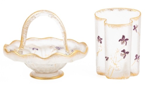 Legras & Cie St. Denis Art Glass, Candy Bowl with Glass Overlaid Violets with Enamel and Gilt Gold and Matching Vase. Tw