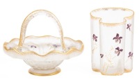Legras & Cie St. Denis Art Glass, Candy Bowl with Glass Overlaid Violets with Enamel and Gilt Gold and Matching Vase. Tw