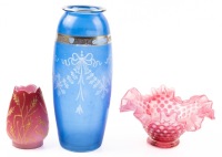 Three Pieces of Victorian Glass: Vase, Fenton Glass Ruffled Candy Dish and Peach Blow Coraline Decorated Lamp Cover or F