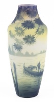 DeVez, Four Color Vase in Blue, Yellow, White and Pink of a Venetian Canal Scene