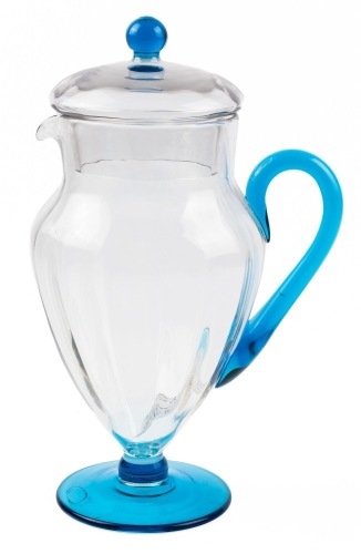 Steuben Pomona Glass Lidded Water Pitcher with Blue Handle and Base