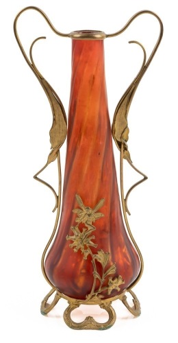 Striking Art Nouveau Bohemian Vase in Stunning Twisted Red Glass in Gilt Gold Metal Work by Loetz