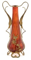 Striking Art Nouveau Bohemian Vase in Stunning Twisted Red Glass in Gilt Gold Metal Work by Loetz
